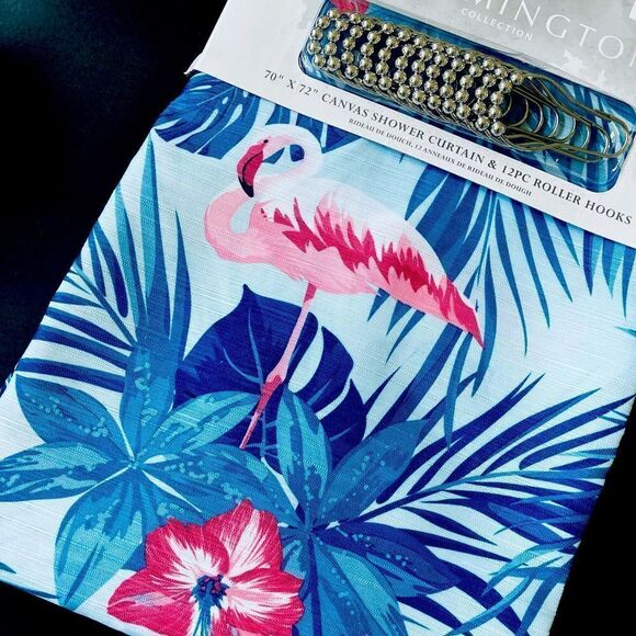 Flamingo Tropical Palm 13-pc Shower Curtain Bathroom Set - Picture 1 of 4